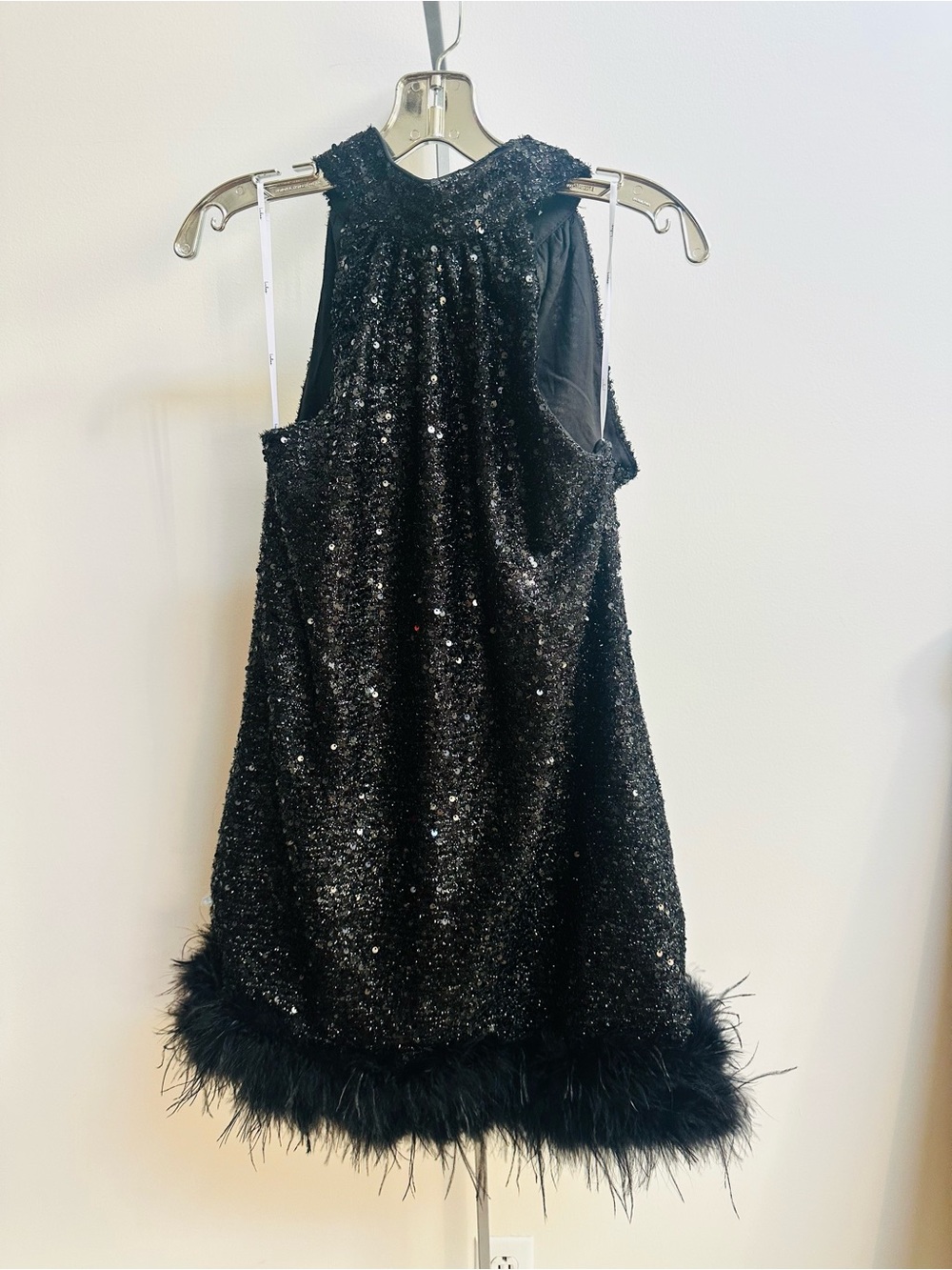 NWT Black tinsel and Sequin Party  Dress with Feather Hem